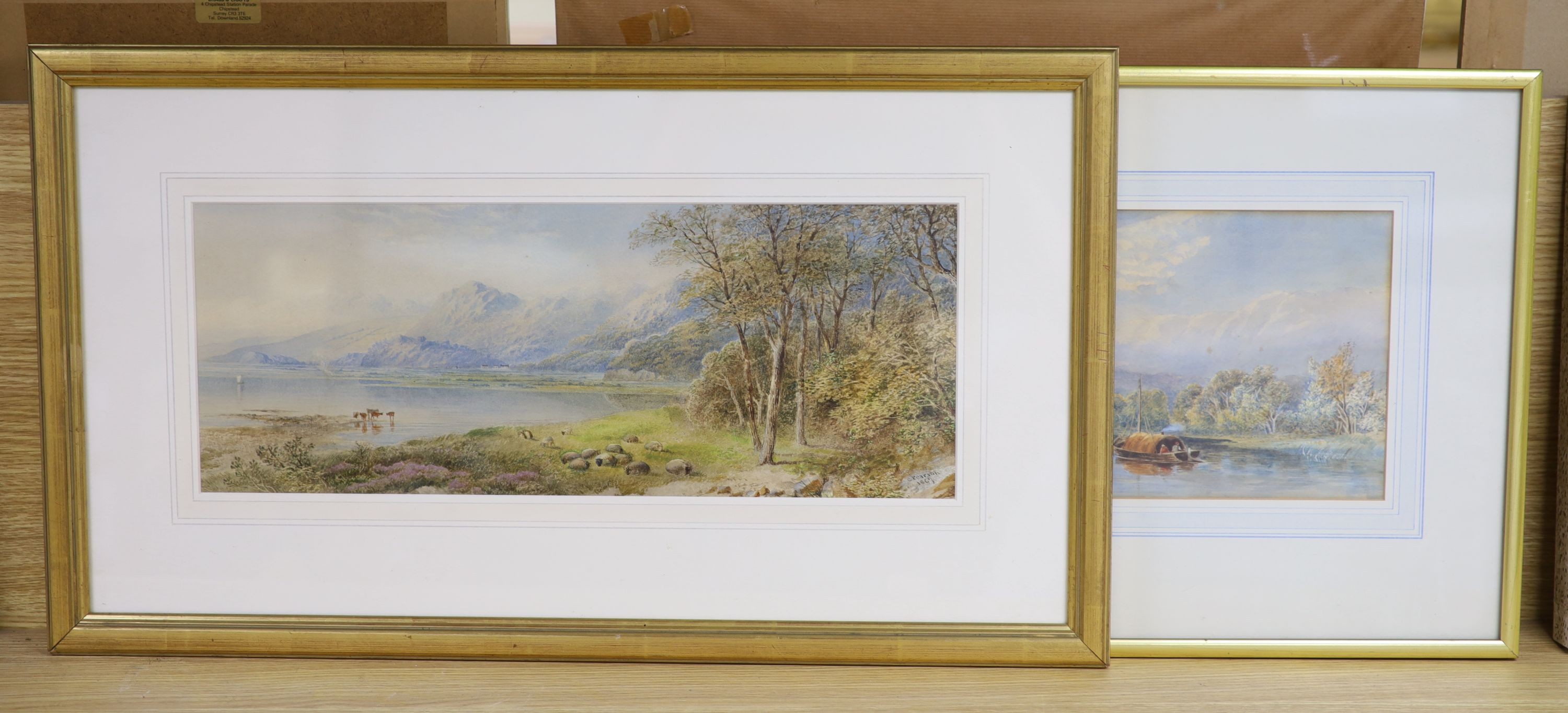 Cornelius Pearson (1805-1891), two watercolours, River landscape with barge and cattle beside a loch, signed and dated 1864/1867, 18 x 47 cm.